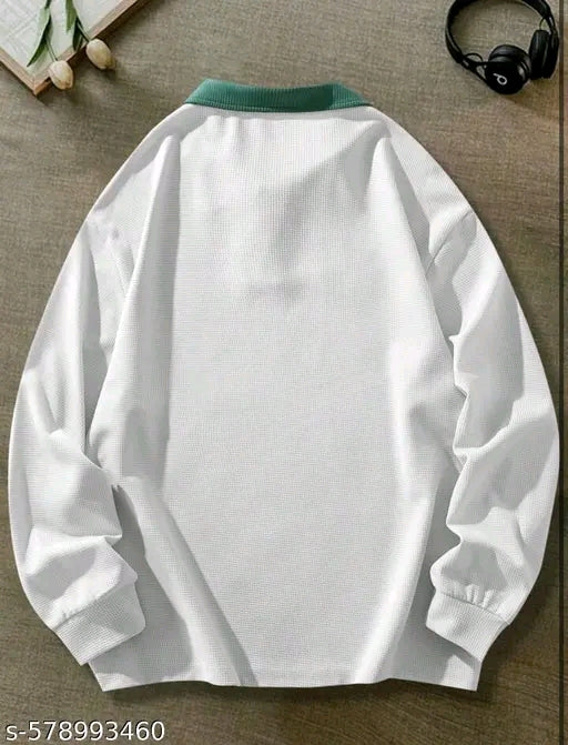 Men's Casual Loose Fit White & Green T-shirt With Letter Graphics And Contrast Collar Long Sleeve shirt