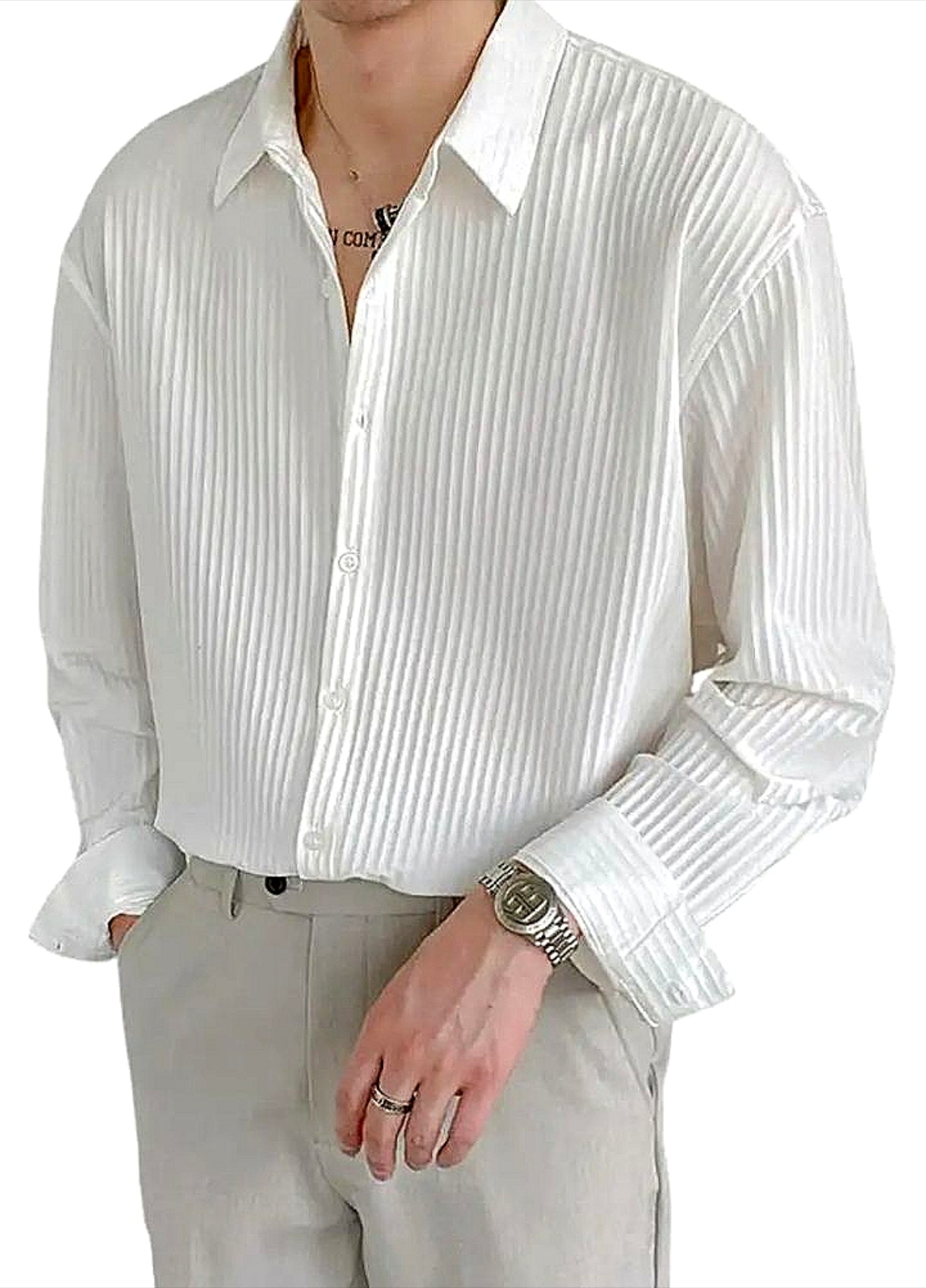 Men's white vertical strip collar shirt