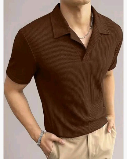 Men's Cuban Collar Old Money Style Brown T-shirt