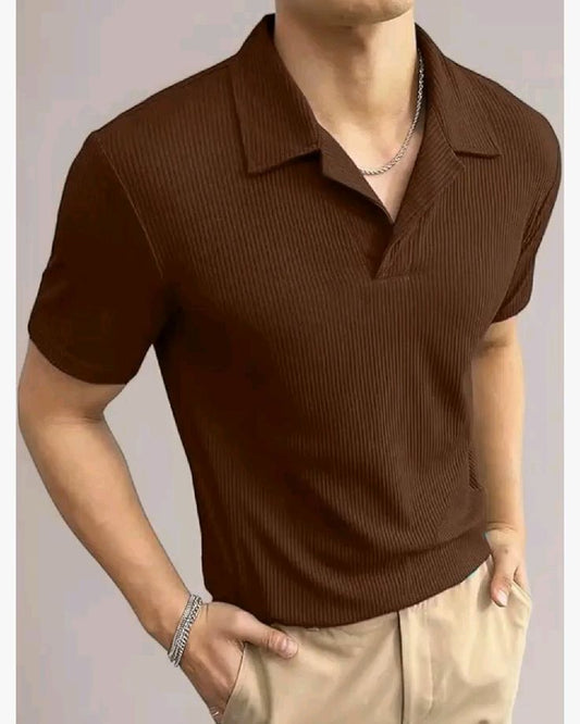 Men's Cuban Collar Old Money Style Brown T-shirt