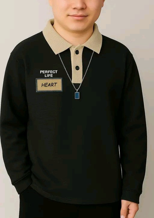 Men's Casual Loose Fit Beige and Black T-shirt With Letter Graphics And Contrast Collar Long Sleeve shirt