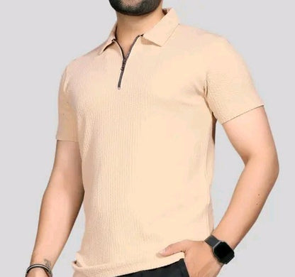 Men's Stylish Half Sleeve Polo Zip Neck T-shirt for Casual Wear