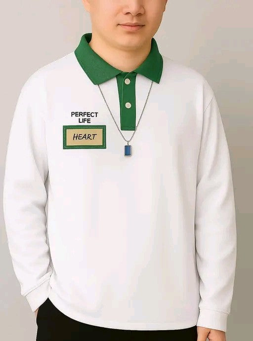 Men's Casual Loose Fit White & Green T-shirt With Letter Graphics And Contrast Collar Long Sleeve shirt