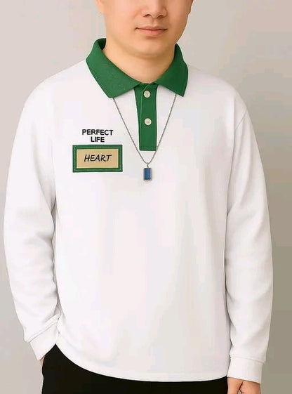 Men's Casual Loose Fit White & Green T-shirt With Letter Graphics And Contrast Collar Long Sleeve shirt