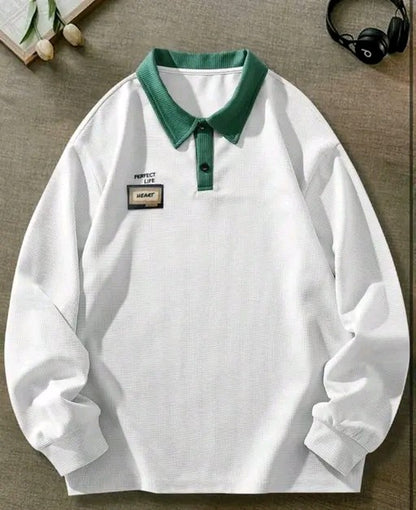 Men's Casual Loose Fit White & Green T-shirt With Letter Graphics And Contrast Collar Long Sleeve shirt