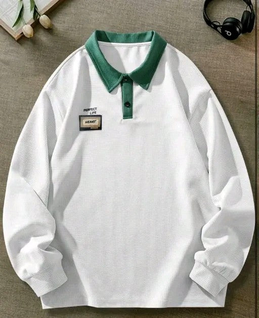 Men's Casual Loose Fit White & Green T-shirt With Letter Graphics And Contrast Collar Long Sleeve shirt
