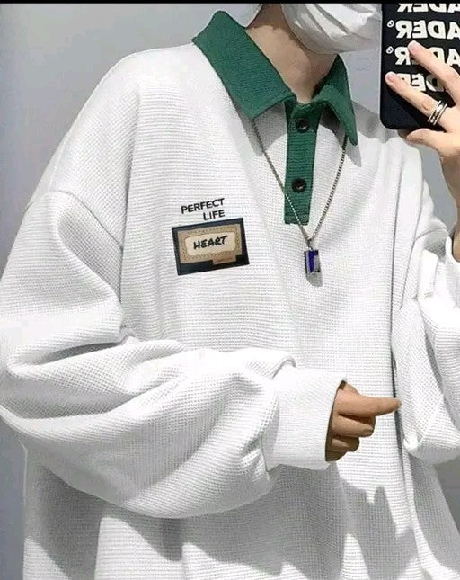 Men's Casual Loose Fit White & Green T-shirt With Letter Graphics And Contrast Collar Long Sleeve shirt