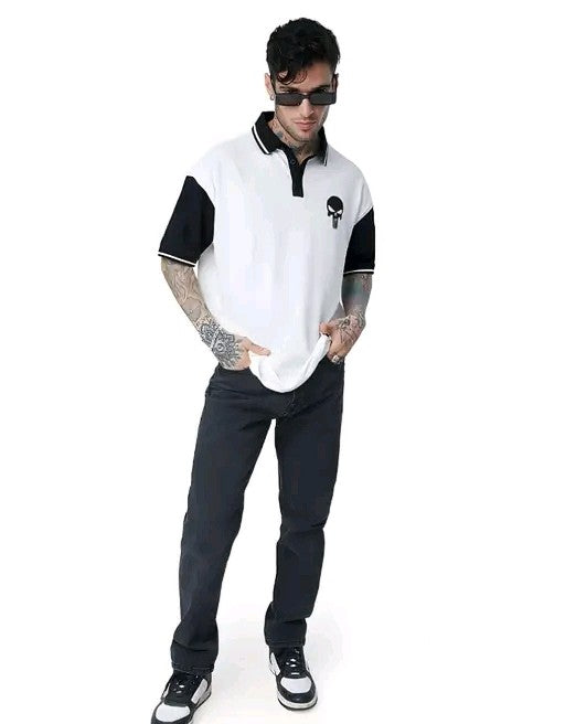 Men's Oversized Skull Print Cotton Blend Polo T-Shirt – Casual Streetwear Fit