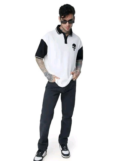 Men's Oversized Skull Print Cotton Blend Polo T-Shirt – Casual Streetwear Fit