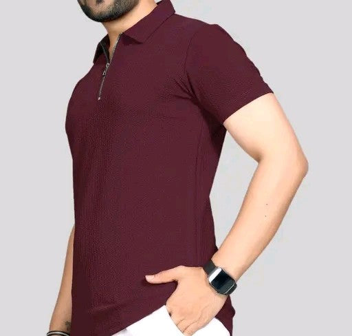 Men's Stylish Half Sleeve Polo Zip Neck T-shirt for Casual Wear
