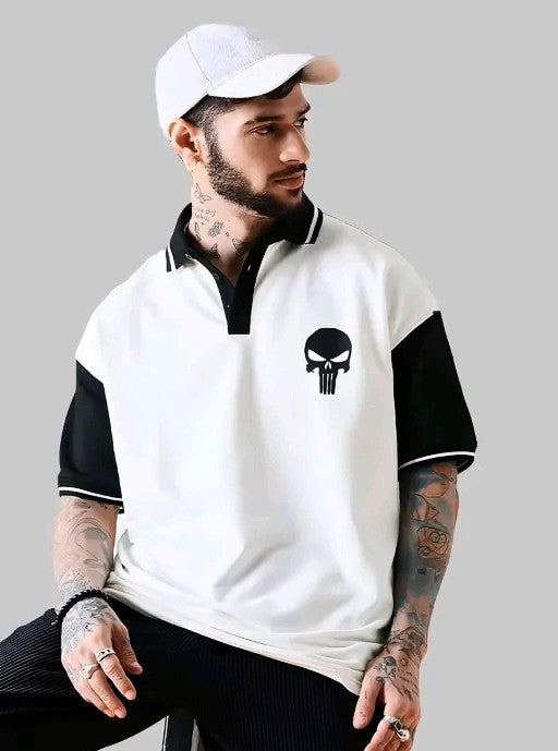 Men's Oversized Skull Print Cotton Blend Polo T-Shirt – Casual Streetwear Fit