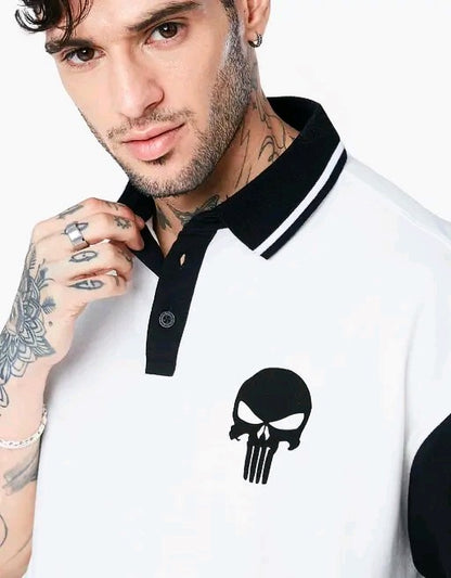 Men's Oversized Skull Print Cotton Blend Polo T-Shirt – Casual Streetwear Fit