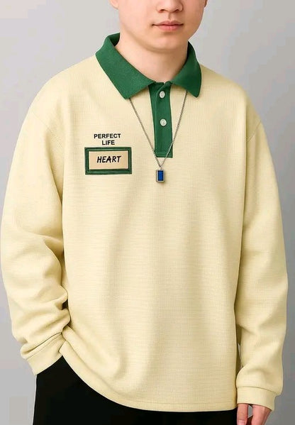Men's Casual Loose Fit Beige and Green T-shirt With Letter Graphics And Contrast Collar Long Sleeve shirt