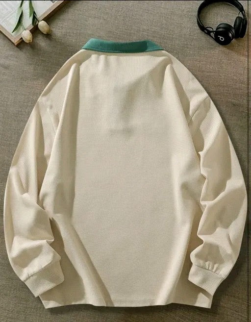 Men's Casual Loose Fit Beige and Green T-shirt With Letter Graphics And Contrast Collar Long Sleeve shirt