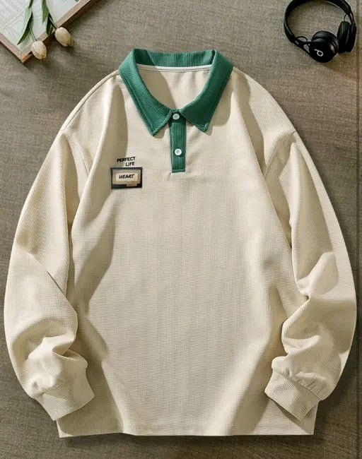 Men's Casual Loose Fit Beige and Green T-shirt With Letter Graphics And Contrast Collar Long Sleeve shirt