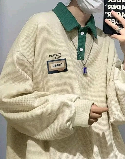 Men's Casual Loose Fit Beige and Green T-shirt With Letter Graphics And Contrast Collar Long Sleeve shirt