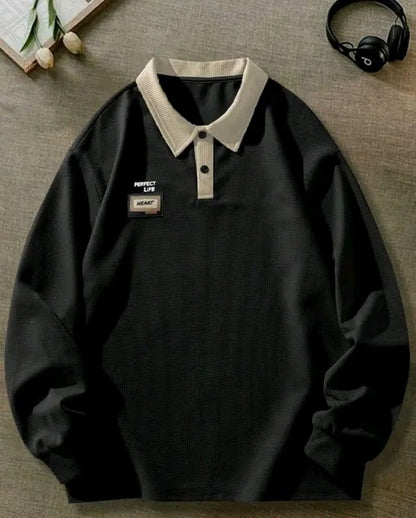 Men's Casual Loose Fit Beige and Black T-shirt With Letter Graphics And Contrast Collar Long Sleeve shirt