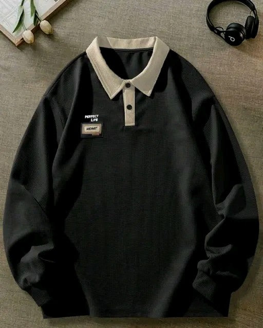 Men's Casual Loose Fit Beige and Black T-shirt With Letter Graphics And Contrast Collar Long Sleeve shirt